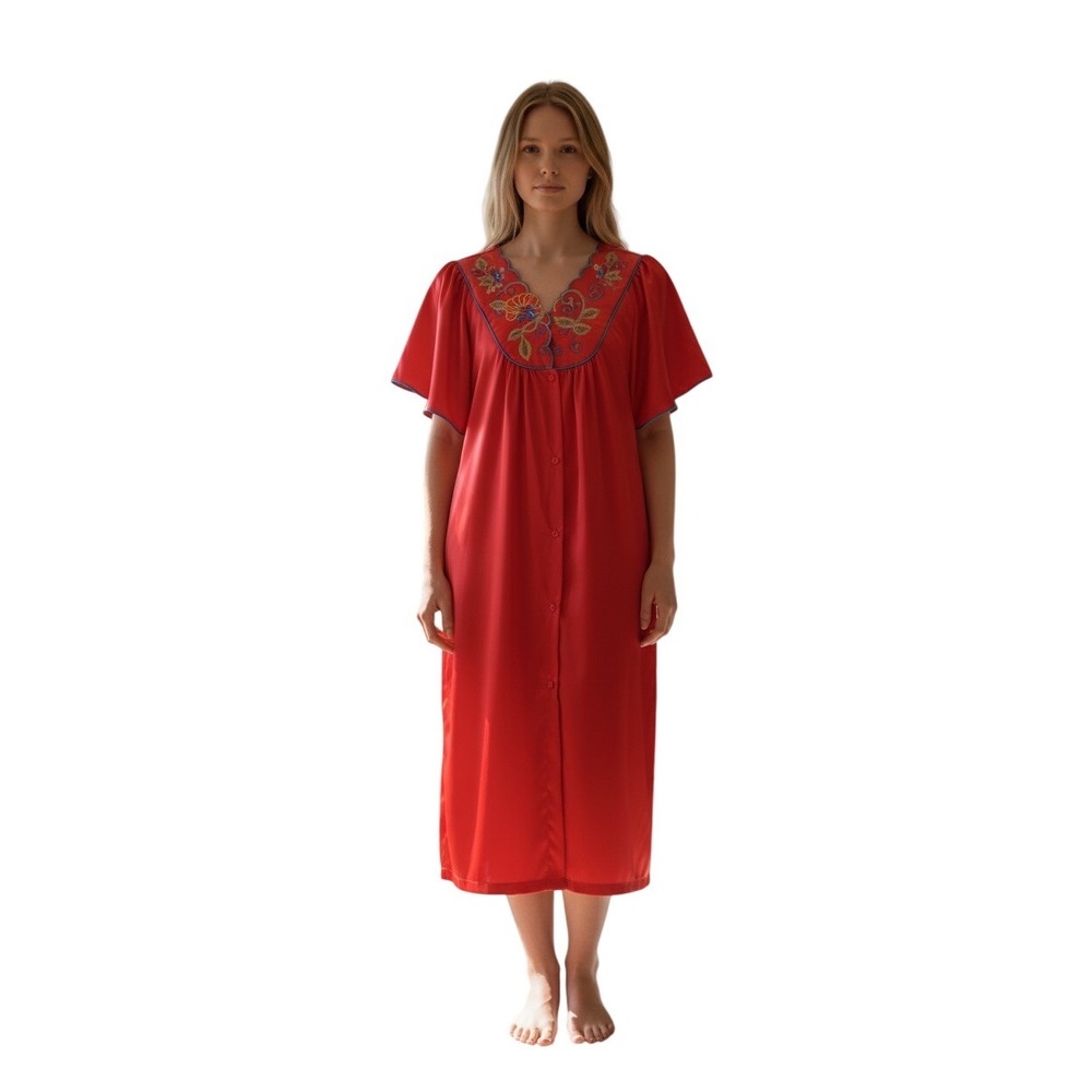 Vanity Fair Vintage Red Embroidered Nightgown Size Medium